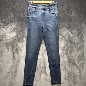 Express Jeans Womens 4/R Blue High Rise Skinny Distressed Raw Hem Stretch Denim